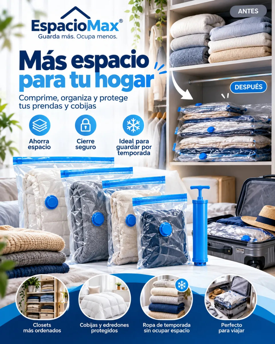 EspacioMax™ | Bolsas de Almacenamiento al Vacío – Ahorra Espacio y Organiza tu Hogar