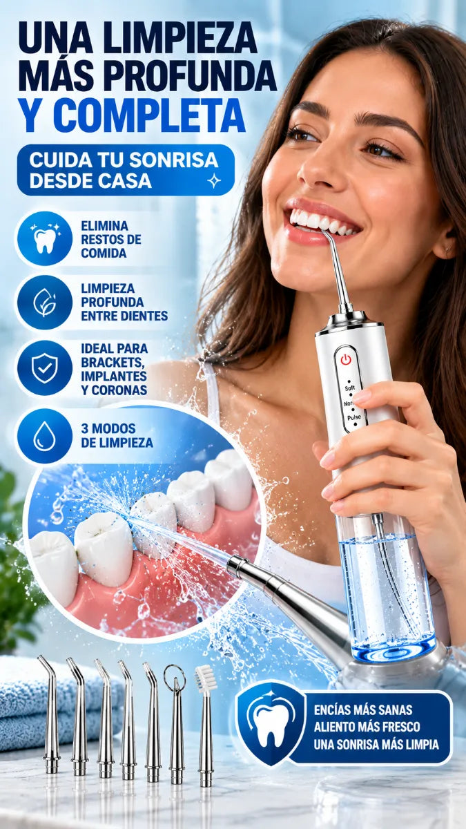 Irrigador Bucal Portátil de 3 Modos con 8 Boquillas 360° | Limpieza Dental Profunda