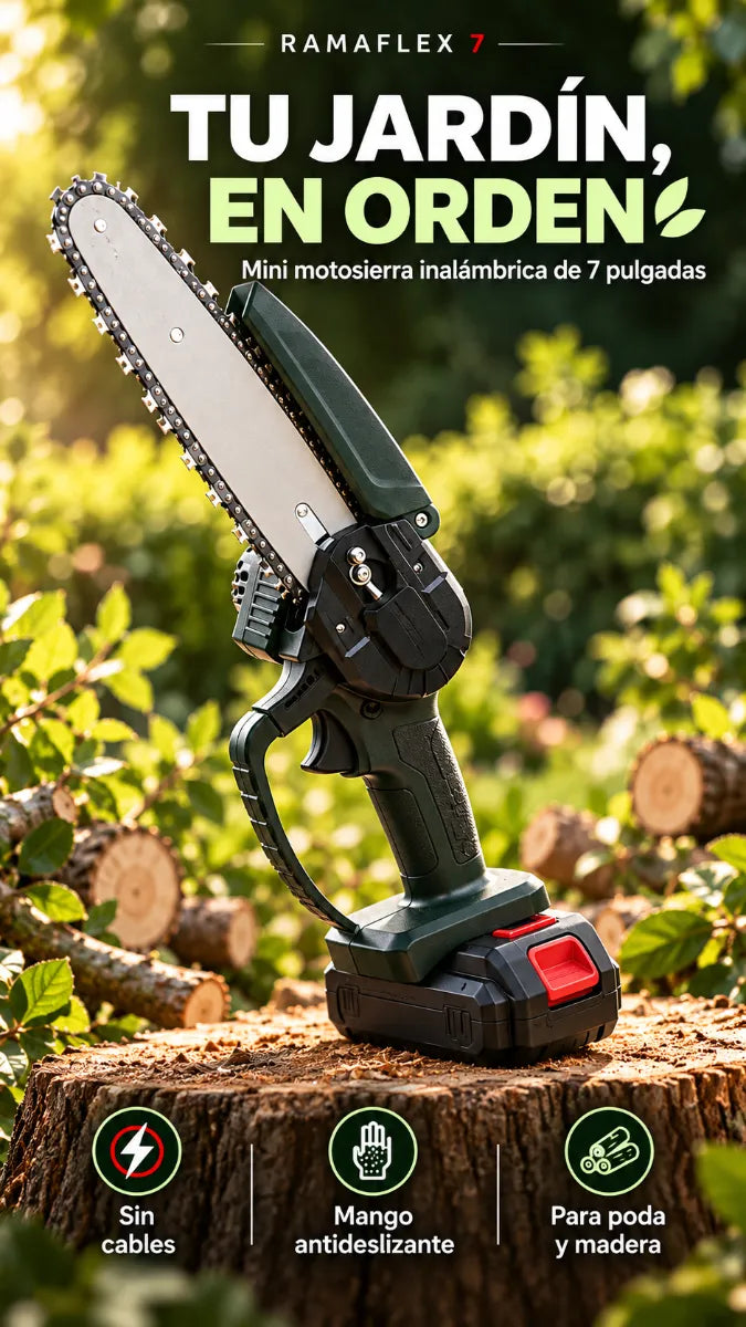 RAMAFLEX 7 🌿 Mini Motosierra Inalámbrica de 7 Pulgadas para Poda y Corte de Madera