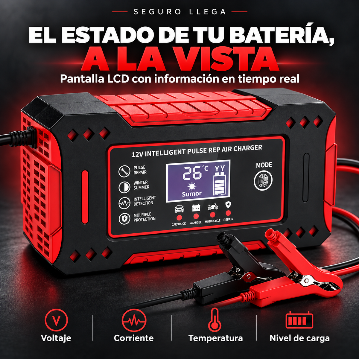 Pantalla LCD del cargador de batería 12V para consultar voltaje, corriente, temperatura y nivel de carga.