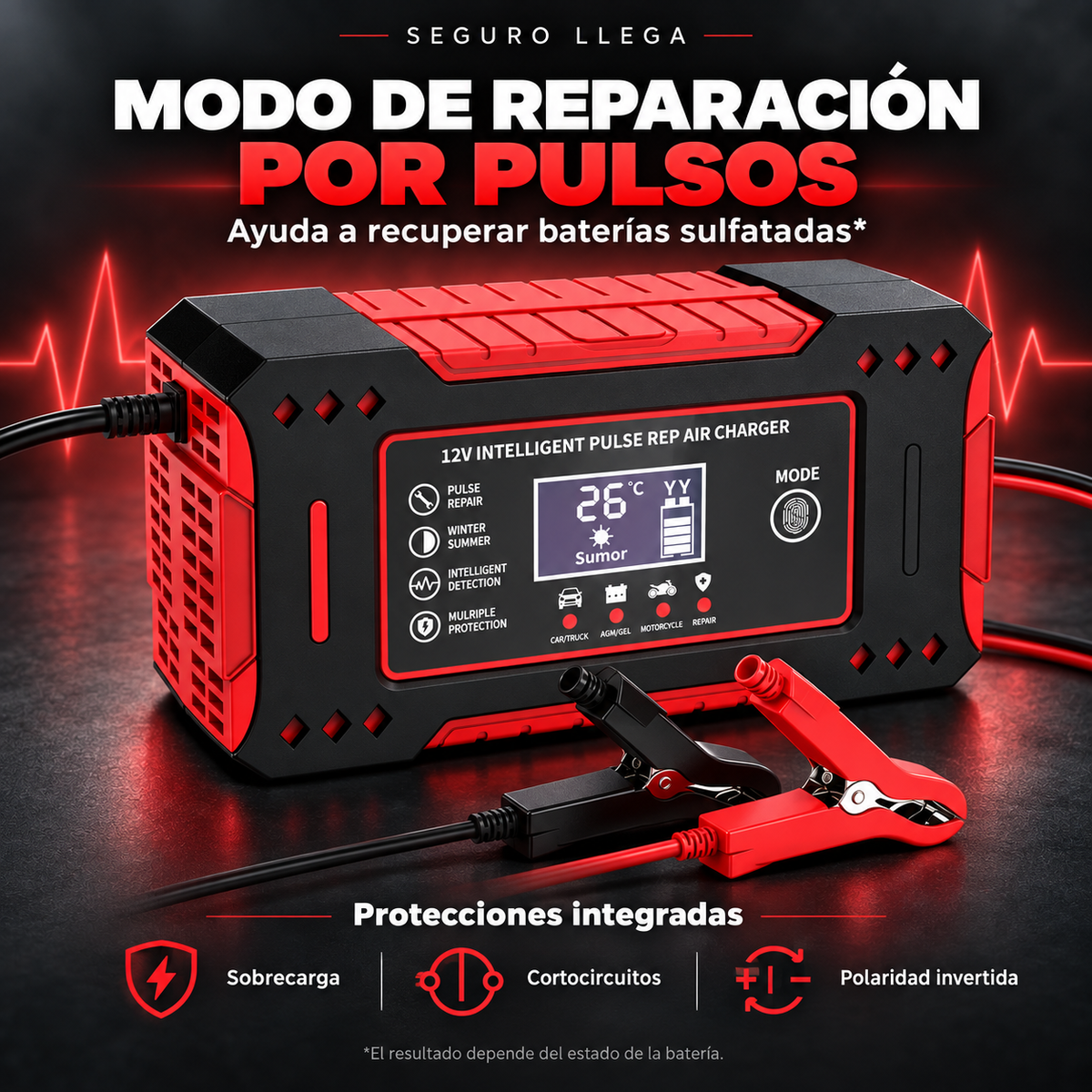 Cargador 12V con reparación por pulsos y protecciones contra sobrecarga, cortocircuitos y polaridad invertida. El resultado de reparación depende del estado de la batería.