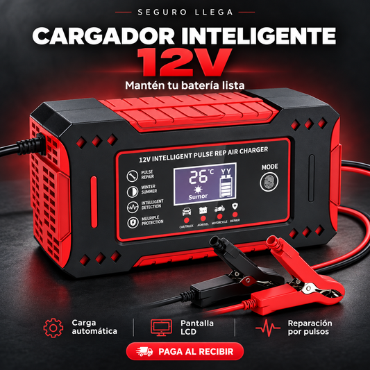 Cargador inteligente de batería 12V rojo y negro con pantalla LCD, carga automática y reparación por pulsos. Paga al recibir en Seguro Llega.