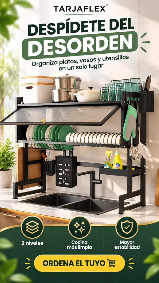 Escurridor de Platos con Gabinete Multifuncional de 2 Niveles | Organizador de Cocina