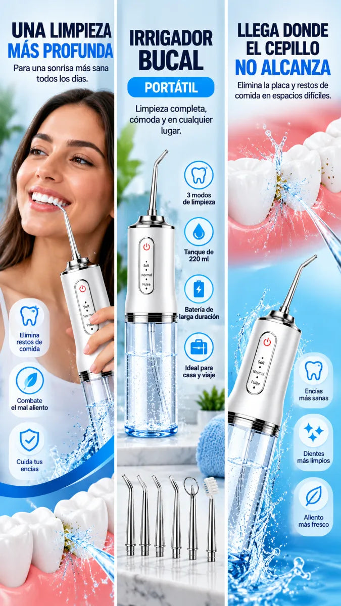 Irrigador Bucal Portátil de 3 Modos con 8 Boquillas 360° | Limpieza Dental Profunda