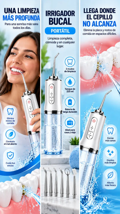 Irrigador Bucal Portátil de 3 Modos con 8 Boquillas 360° | Limpieza Dental Profunda