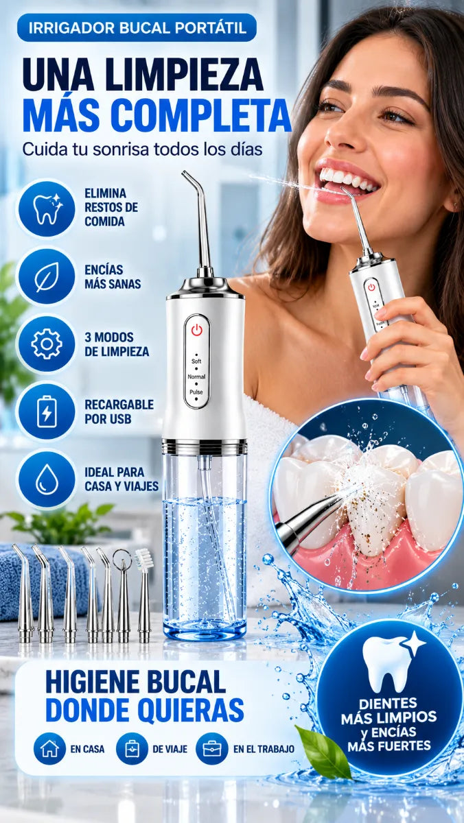 Irrigador Bucal Portátil de 3 Modos con 8 Boquillas 360° | Limpieza Dental Profunda