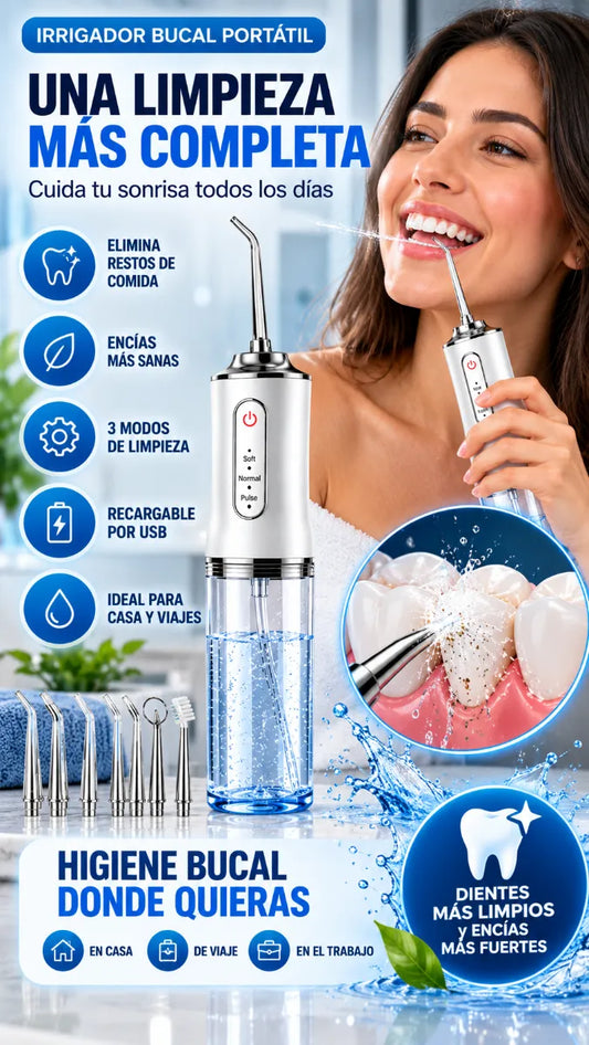 Irrigador Bucal Portátil de 3 Modos con 8 Boquillas 360° | Limpieza Dental Profunda