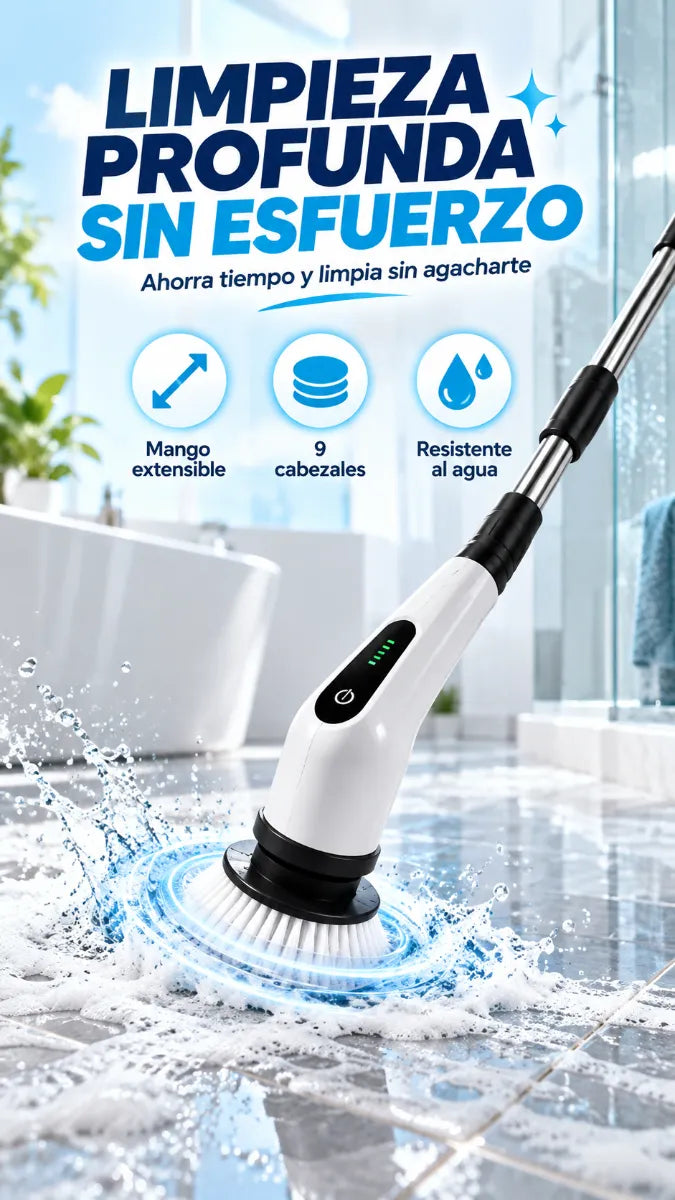 Cepillo Eléctrico de Limpieza 9 en 1 con Mango Extensible | Limpieza Fácil y Sin Tanto Esfuerzo