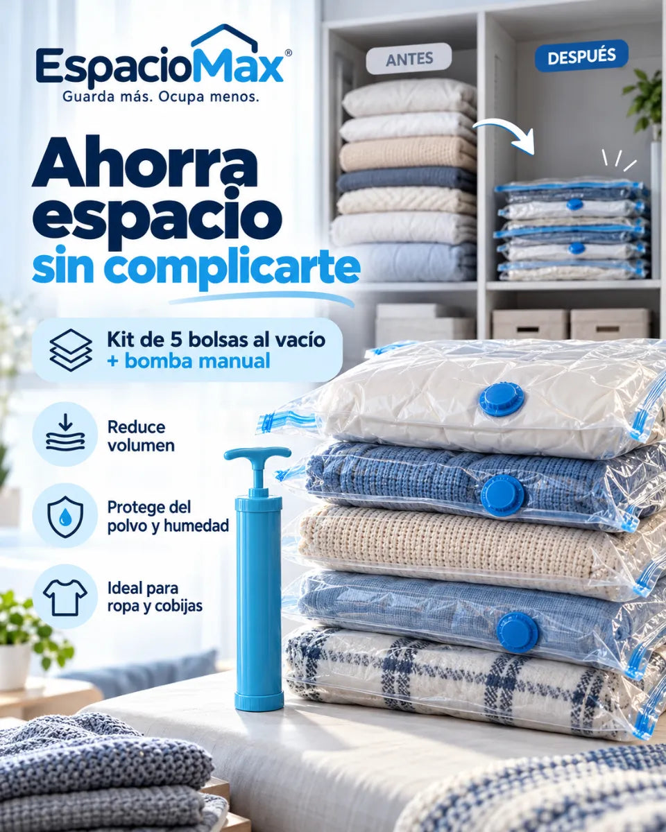 EspacioMax™ | Bolsas de Almacenamiento al Vacío – Ahorra Espacio y Organiza tu Hogar