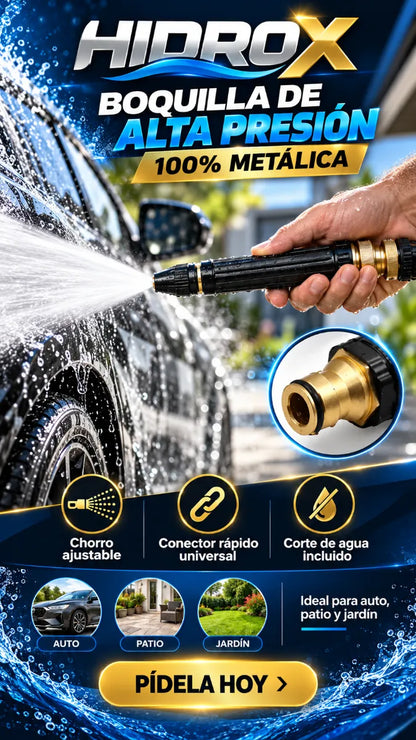 HIDROX™ | Boquilla Metálica de Alta Presión con Chorro Ajustable para Manguera